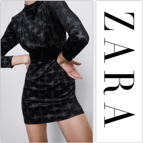 NWT Zara Black Belted Velvet Dress - Picture 2 of 8